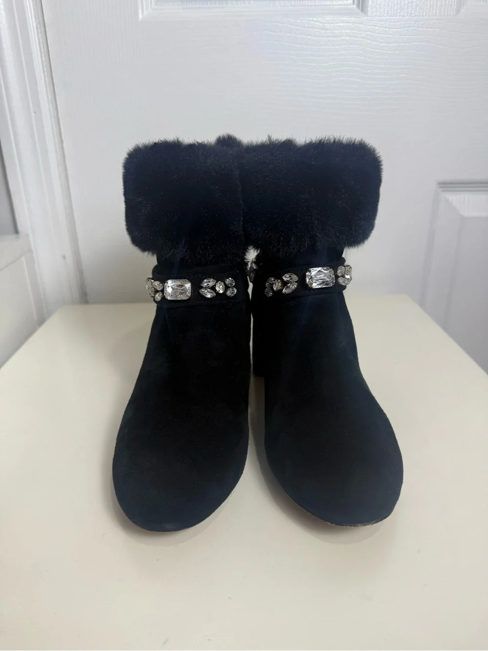 Adrienne Vittadini AV-Lazar Women’s Black Suede Faux Fur Rhinestone ankle boot/7